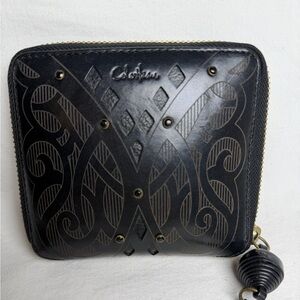 Cole Haan Black All Leather Zipper Wallet Embossed Celtic Style Pattern Studs